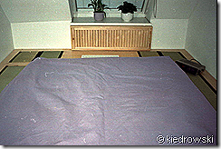 Violettes Futon auf grünem Tatami Podest